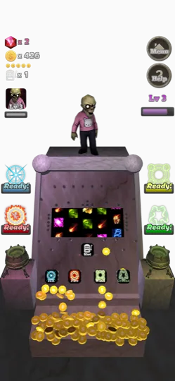 The coin board with the slot reels and four elemental gauges
