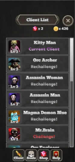 The client list showing souls to challenge