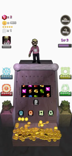コインの盤面。スロットと 4 つの魔法エレメントのゲージ